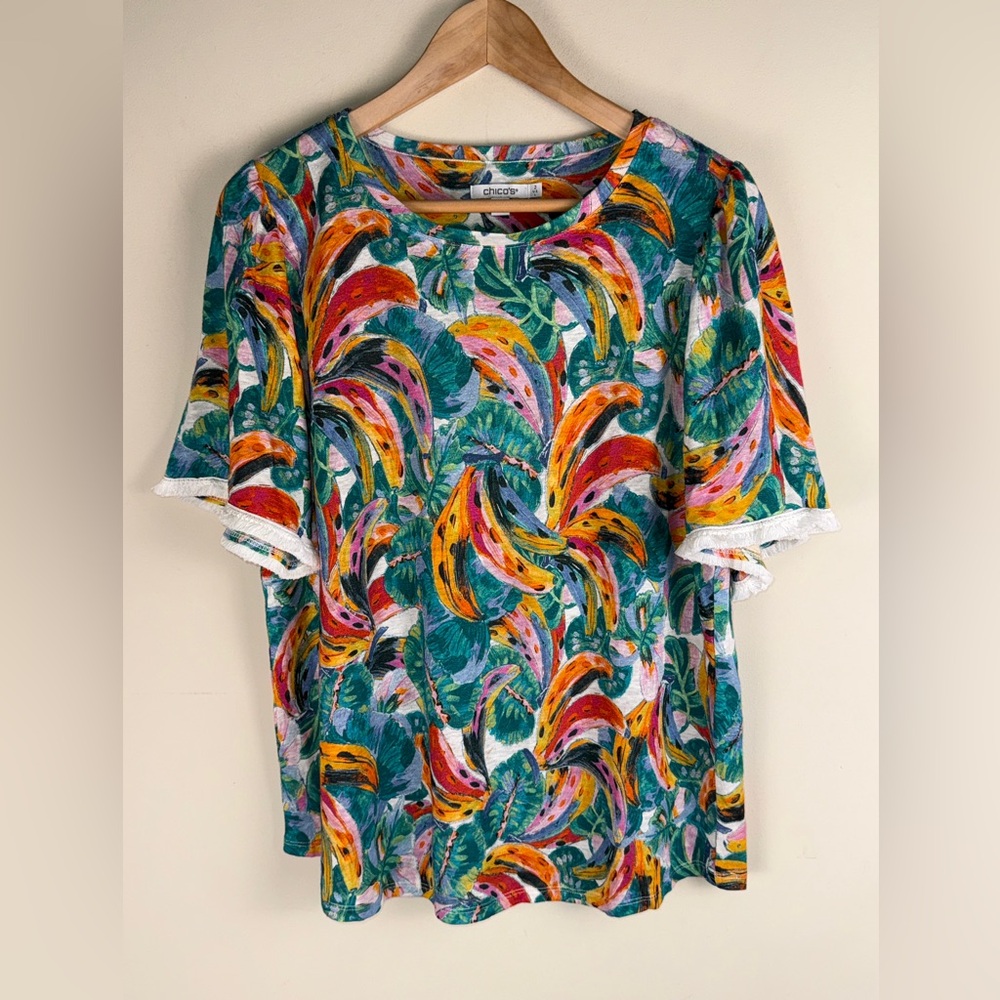 Chicos Women's Large Linen Top Tropical Blouse Pull Over Fringe Detail Vacation